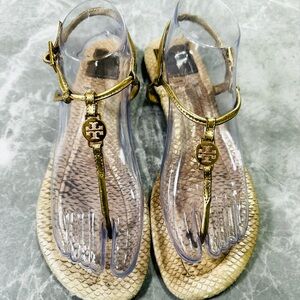 Tory Burch Emmy T Strap Thong Sandals Ankle Wrap Gold Size 7.5